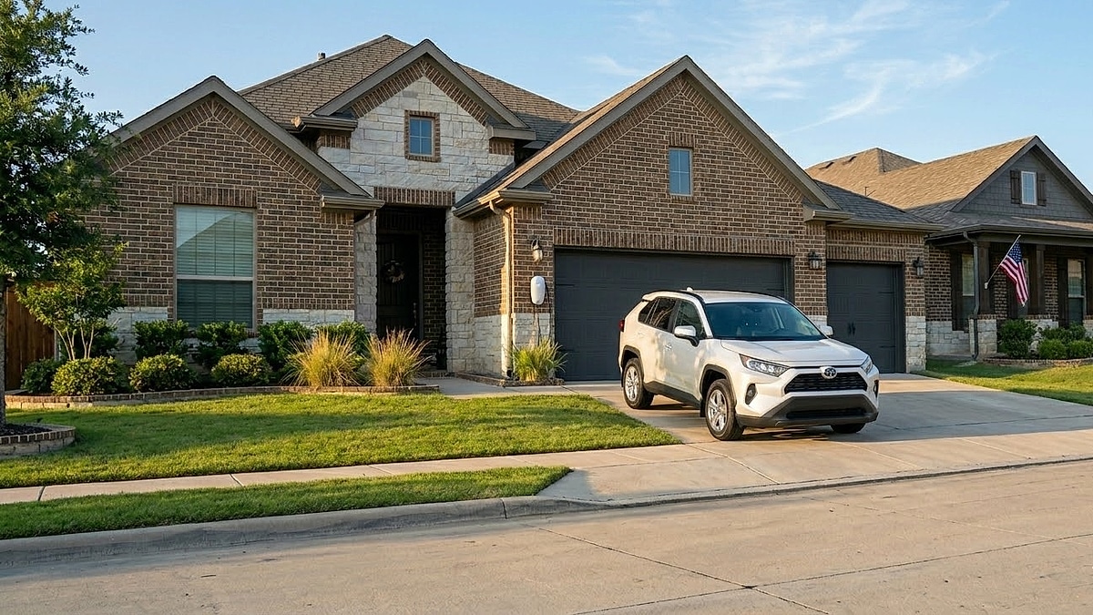 A white 2021 Toyota RAV4 SUV is parked in the driveway of a brick Texas home at dusk with car seats